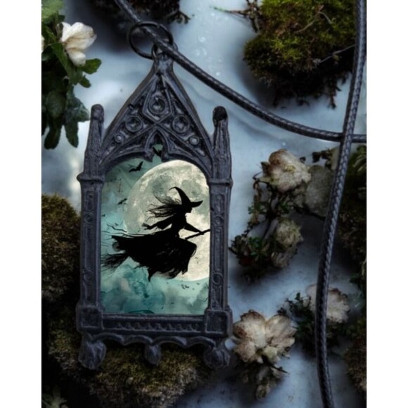 Witch Pendant - Flying Witch Necklace - Full Moon Jewelry - Picture 3 of 3